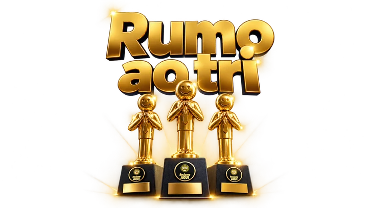 Três troféus dourados do Reclame AQUI com a mensagem Rumo ao tri